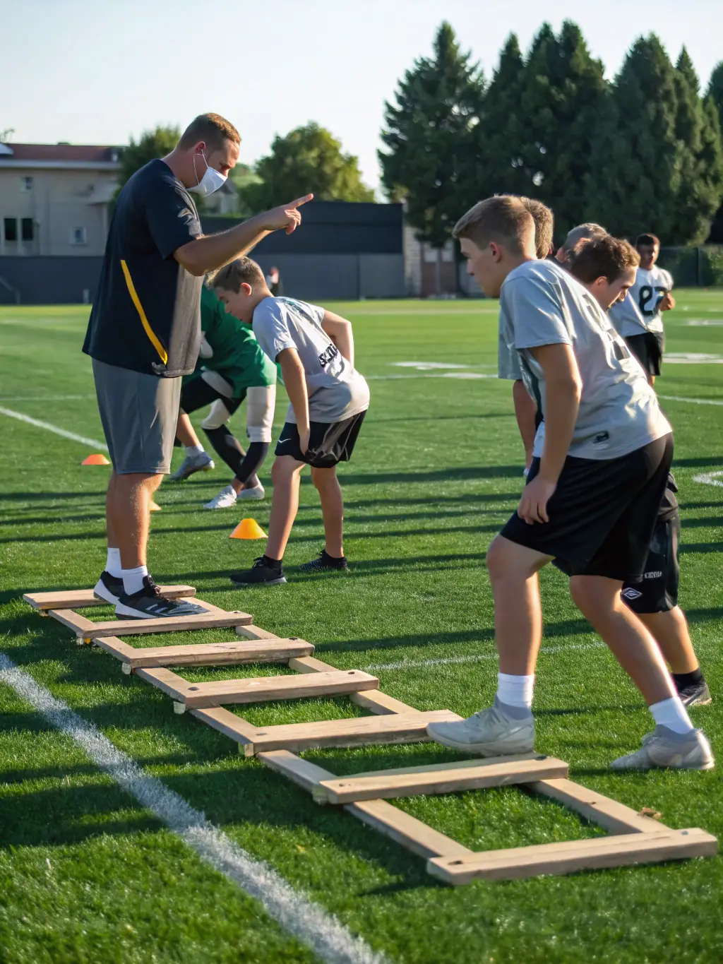 A football team practicing drills on a green field, highlighting the importance of physical fitness and strategy.