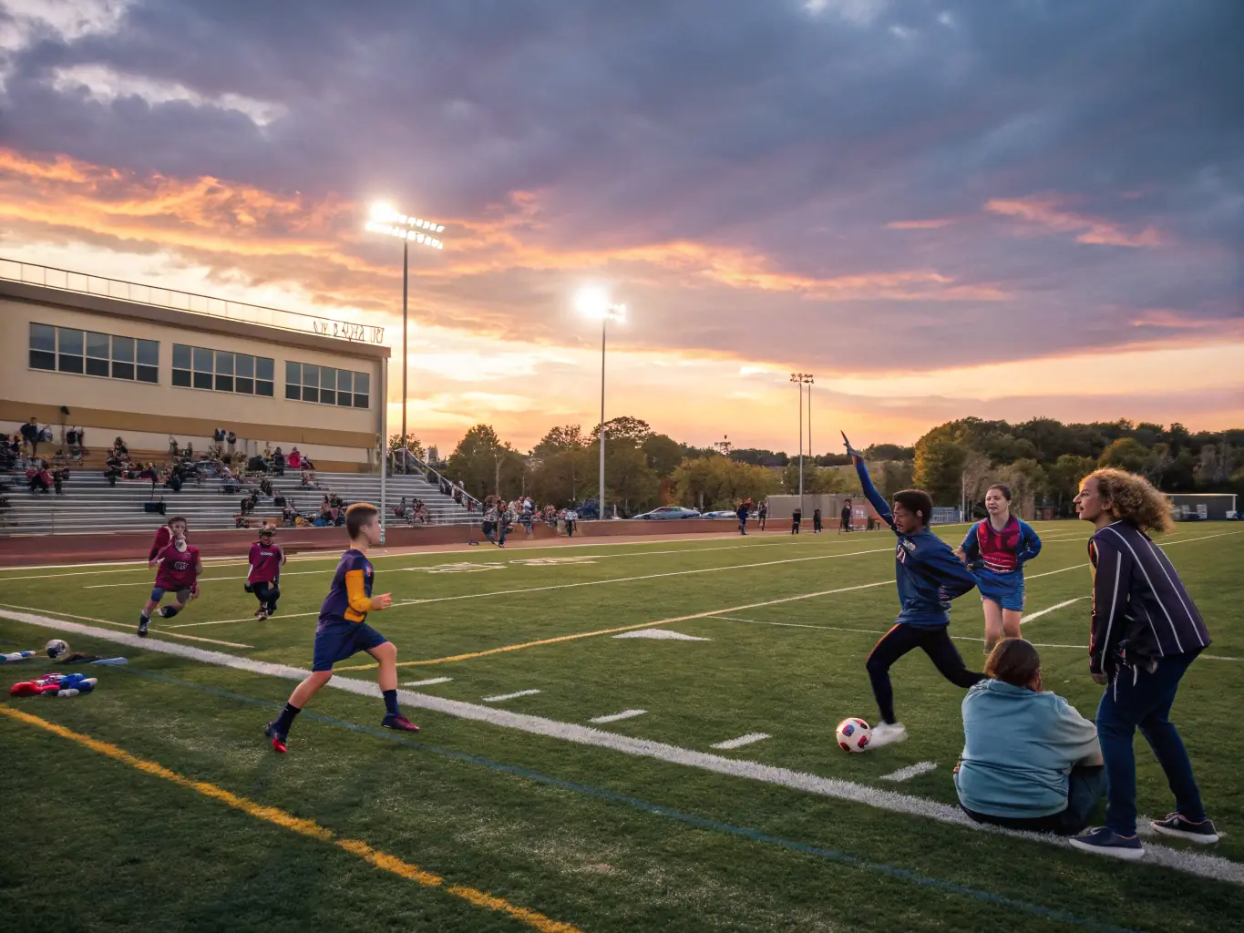 A dynamic image capturing students in action during a football training session on a well-maintained field, showcasing their energy and teamwork.
