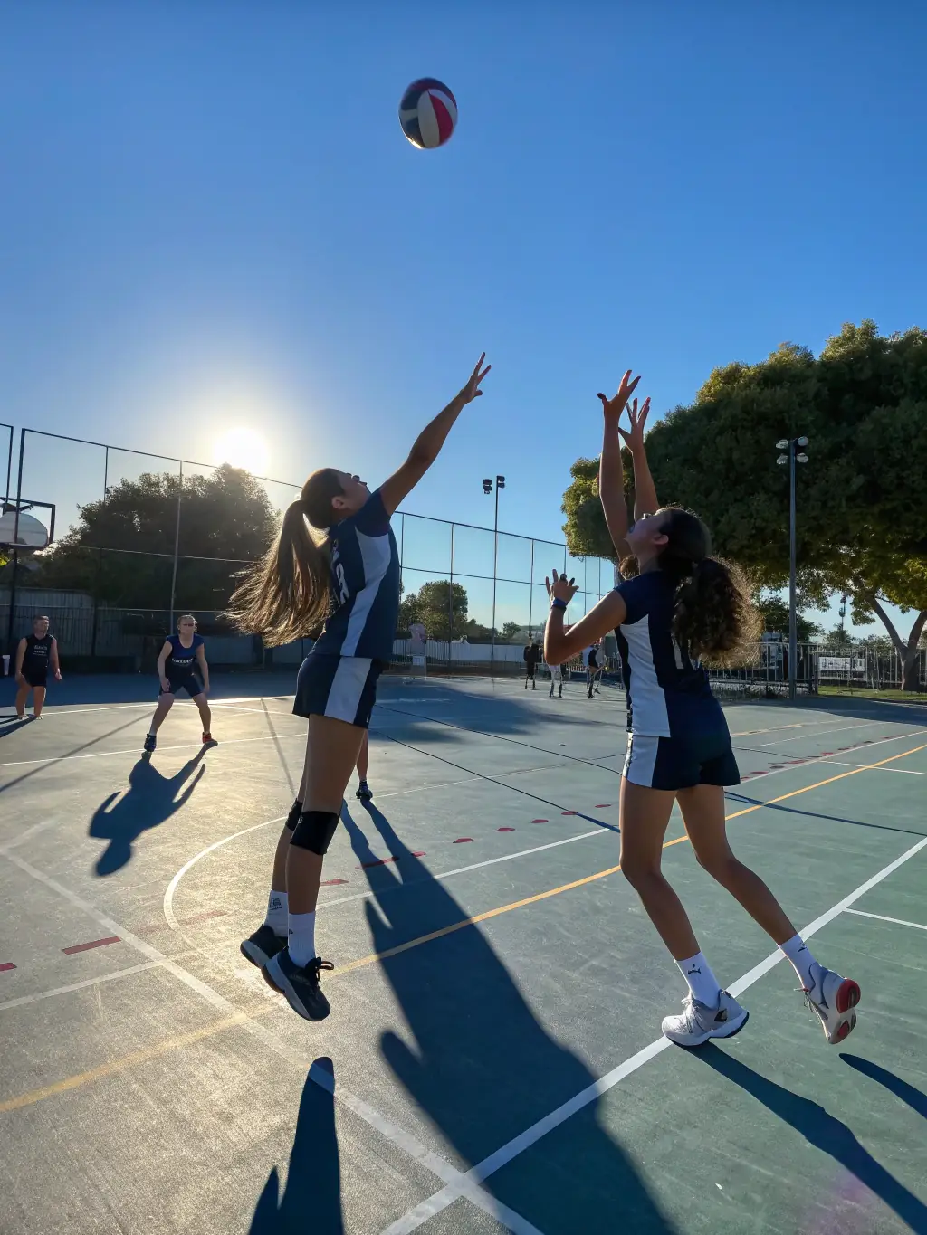 Students practicing volleyball outdoors on a sunny day, emphasizing agility and coordination.